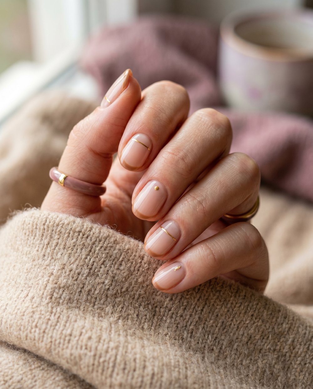 Nude nagels met fijne gouden nail art